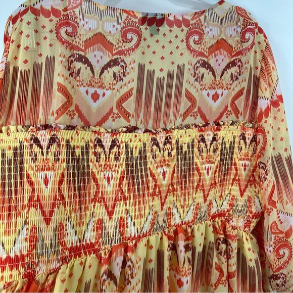 Torrid Yellow Orange Tribal Smocked Ruffle Square Neck Sheer Sleeve Blouse 3X - Picture 10 of 14